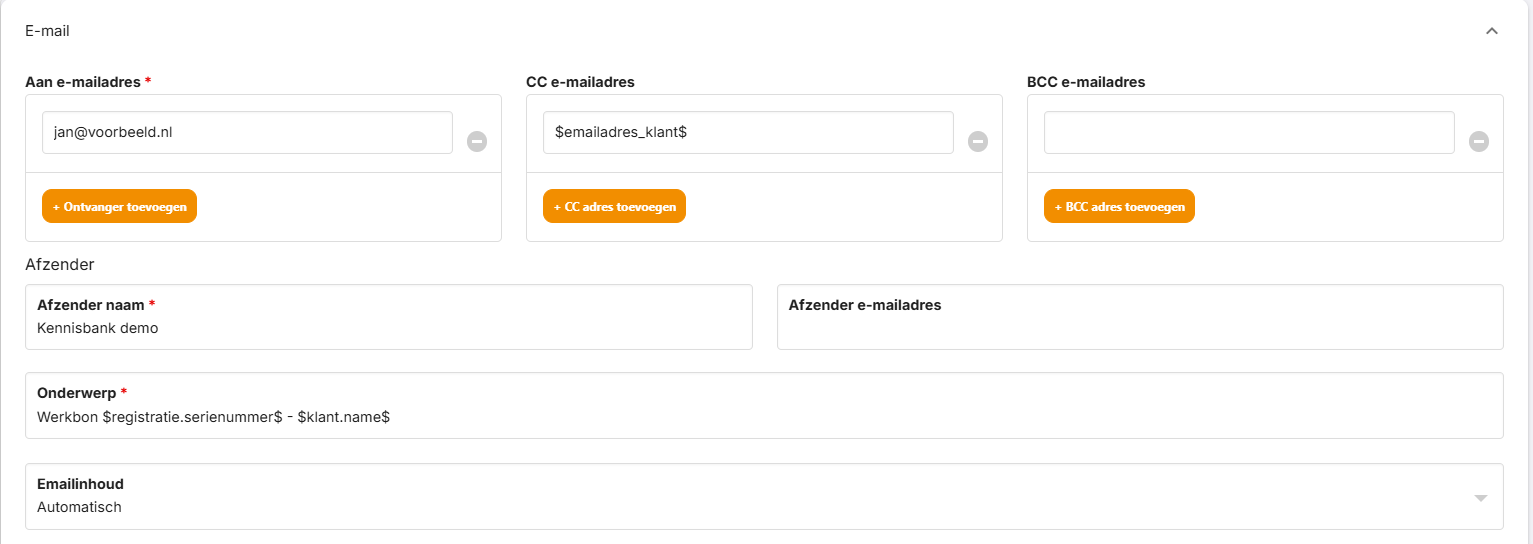 Ontvangers, afzender en onderwerp van een e-mailnotificatie.