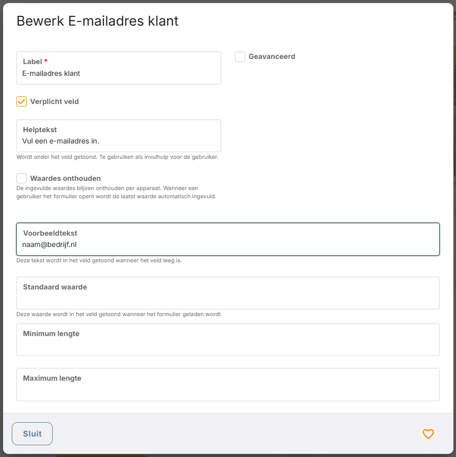 De instellingen van het element E-mail.