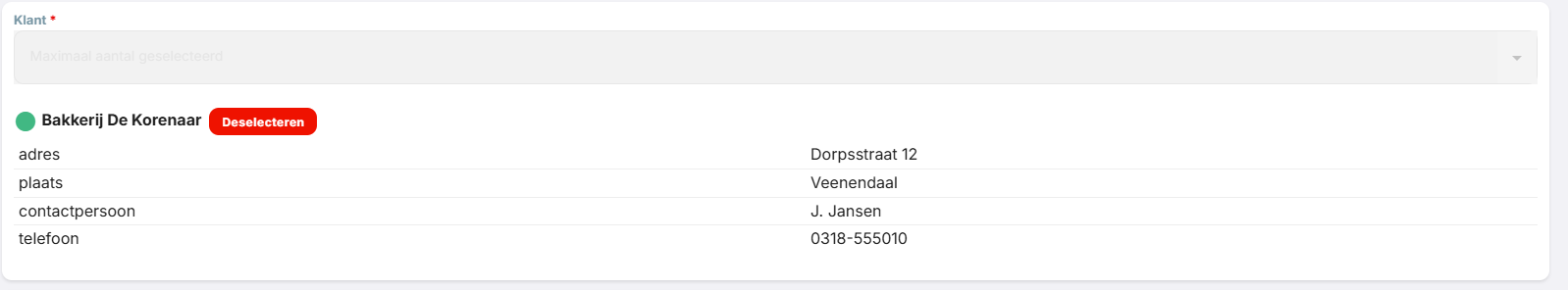 Het gekozen item met alle kolommen en de knop Deselecteren