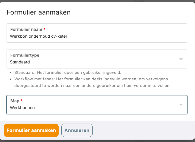 Geef het formulier een naam, kies het type en de map.