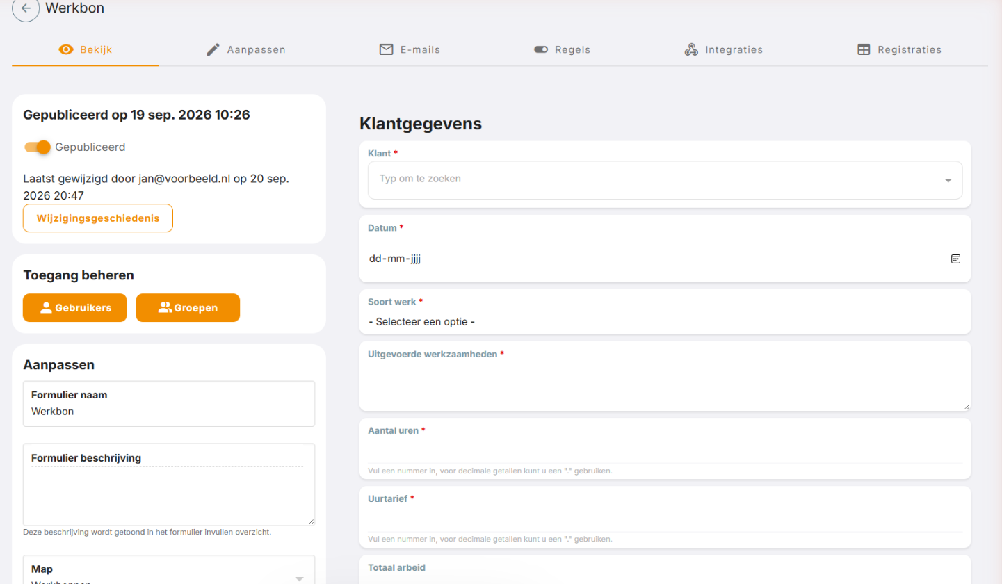Het nieuwe formulier met de zes tabs. De schuif Gepubliceerd staat direct aan.