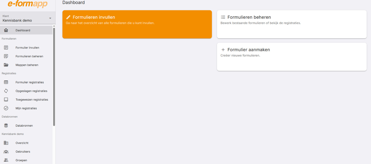 Het Dashboard met de drie blokken.