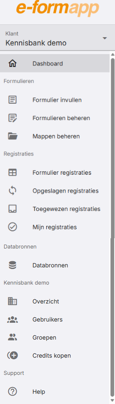 Het menu van e-formapp.