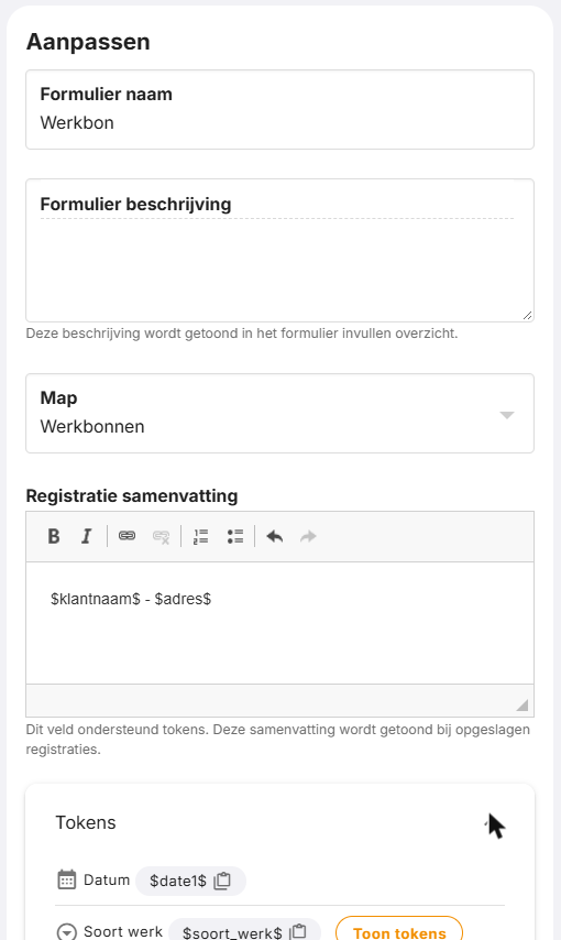 De registratiesamenvatting met twee tokens.