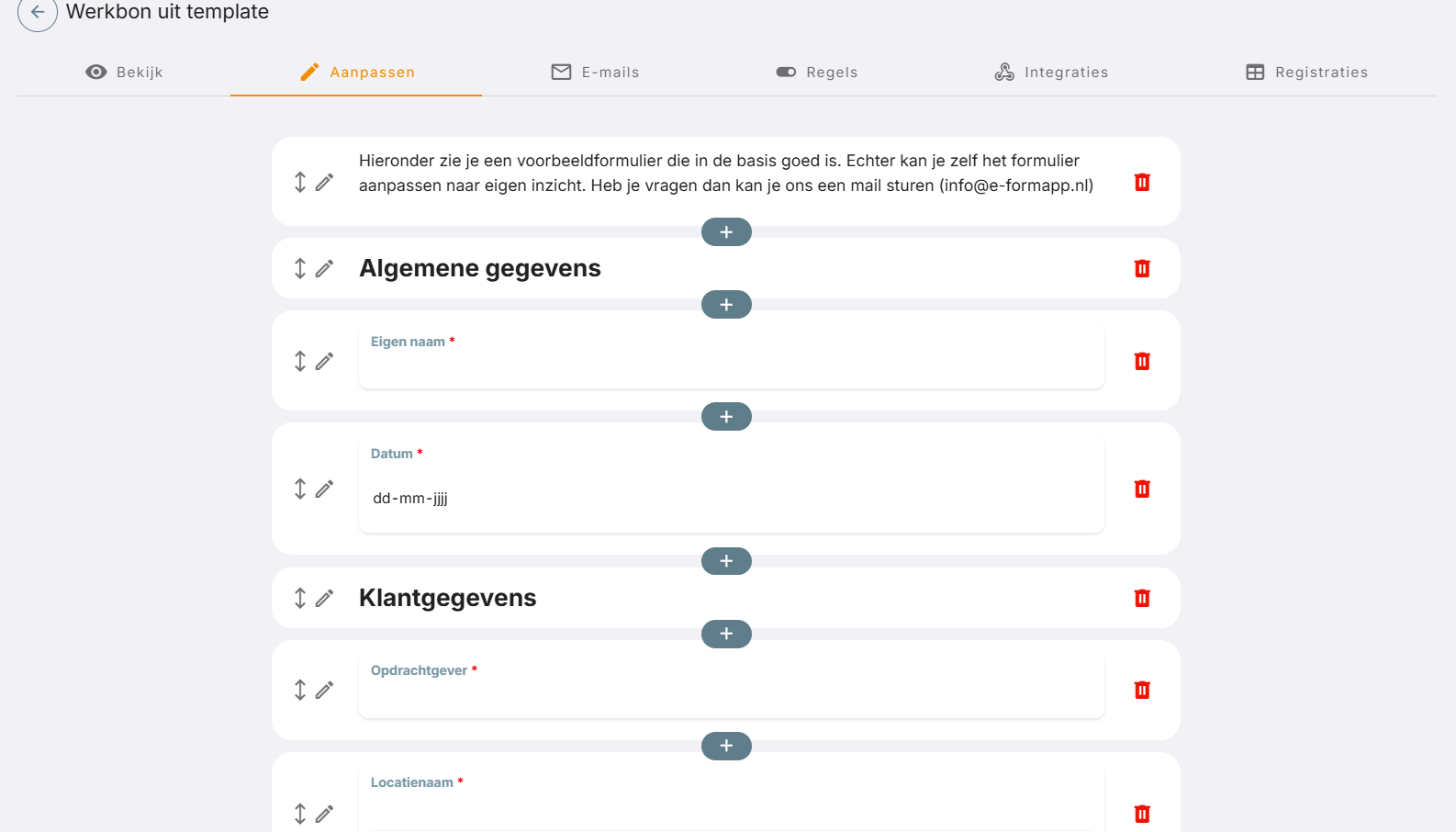 De elementen uit de template pas je aan op de tab Aanpassen (hier de template Werkbon).