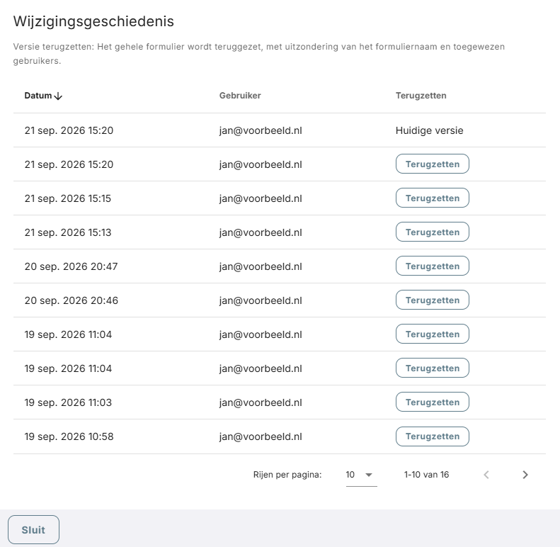 Kies de versie die je wilt terugzetten.